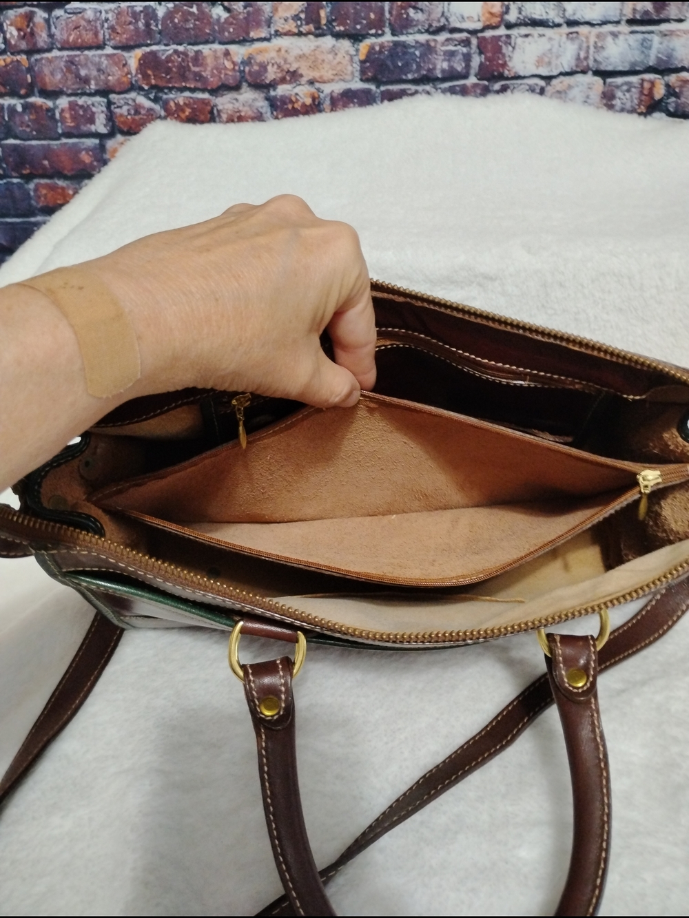 Brahmin Brown and Wine Leather Satchel with Green Trim - Picture 10 of 15